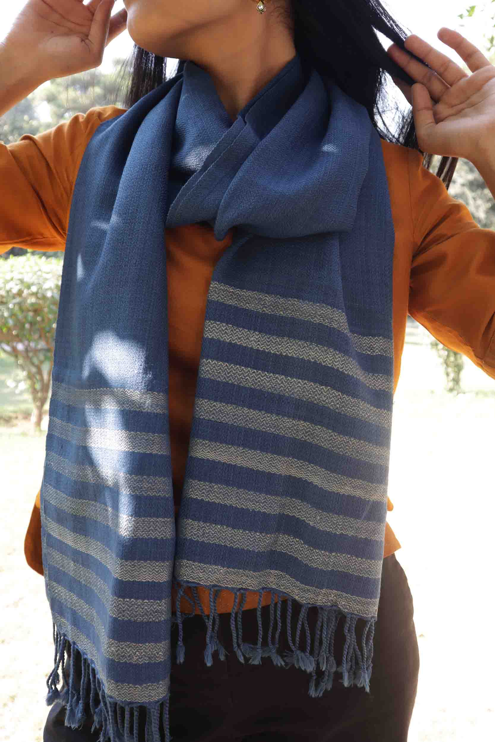 Merino Wool Stole| Indigo with Golden border