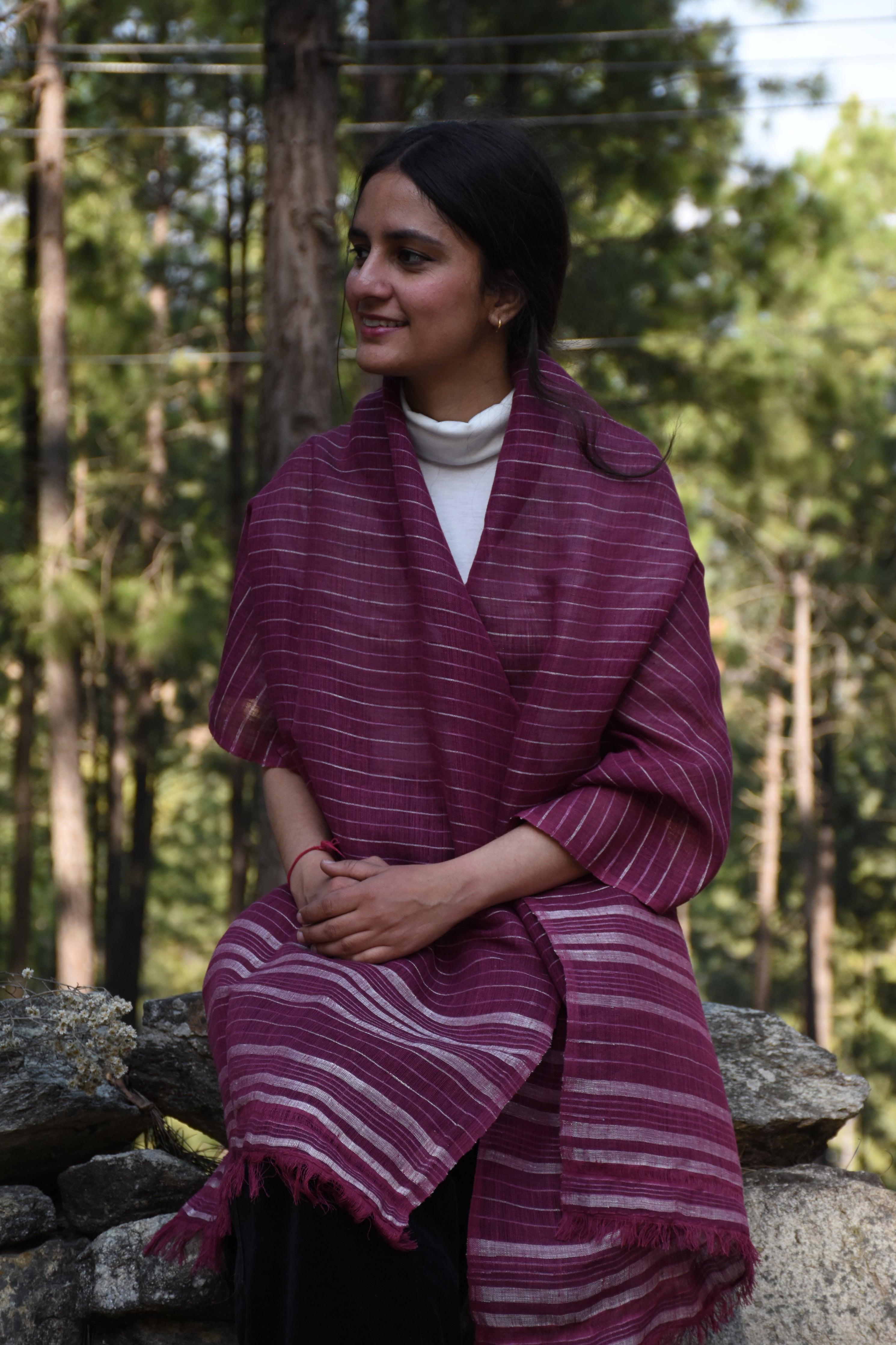 Magenta Gleam Linen & Eri Silk Stole | Magenta & White stripes