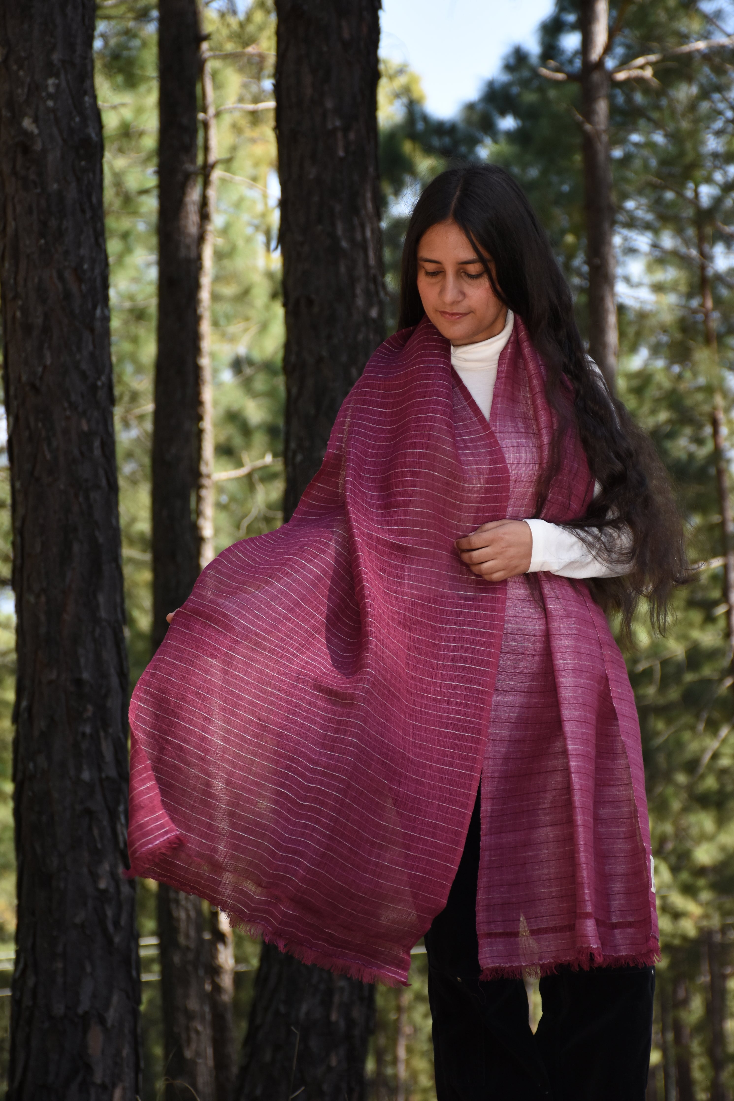 Royal Stripes Linen & Eri Silk Stole | cherry pink & white stripes