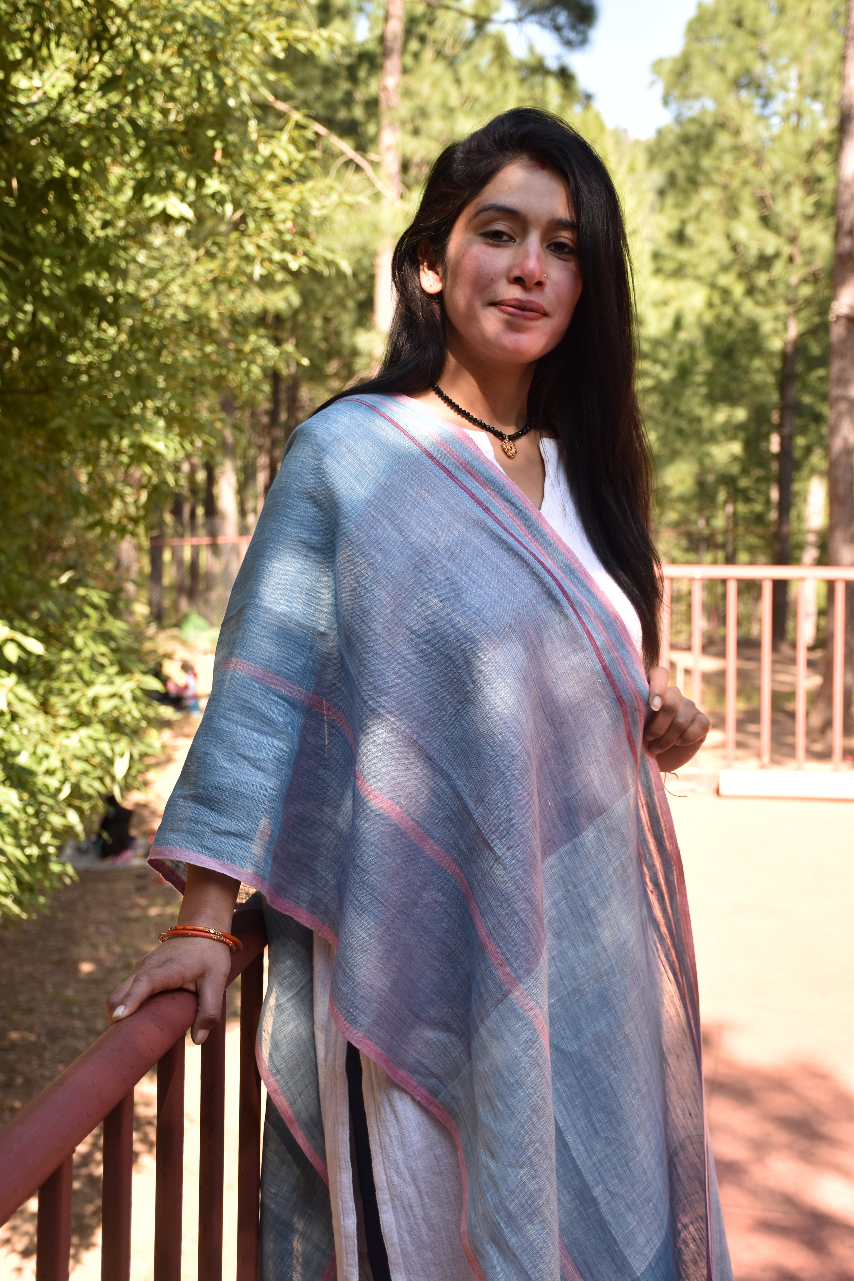 Vibrant Halo Linen Stole | Sky Blue with Pink Border