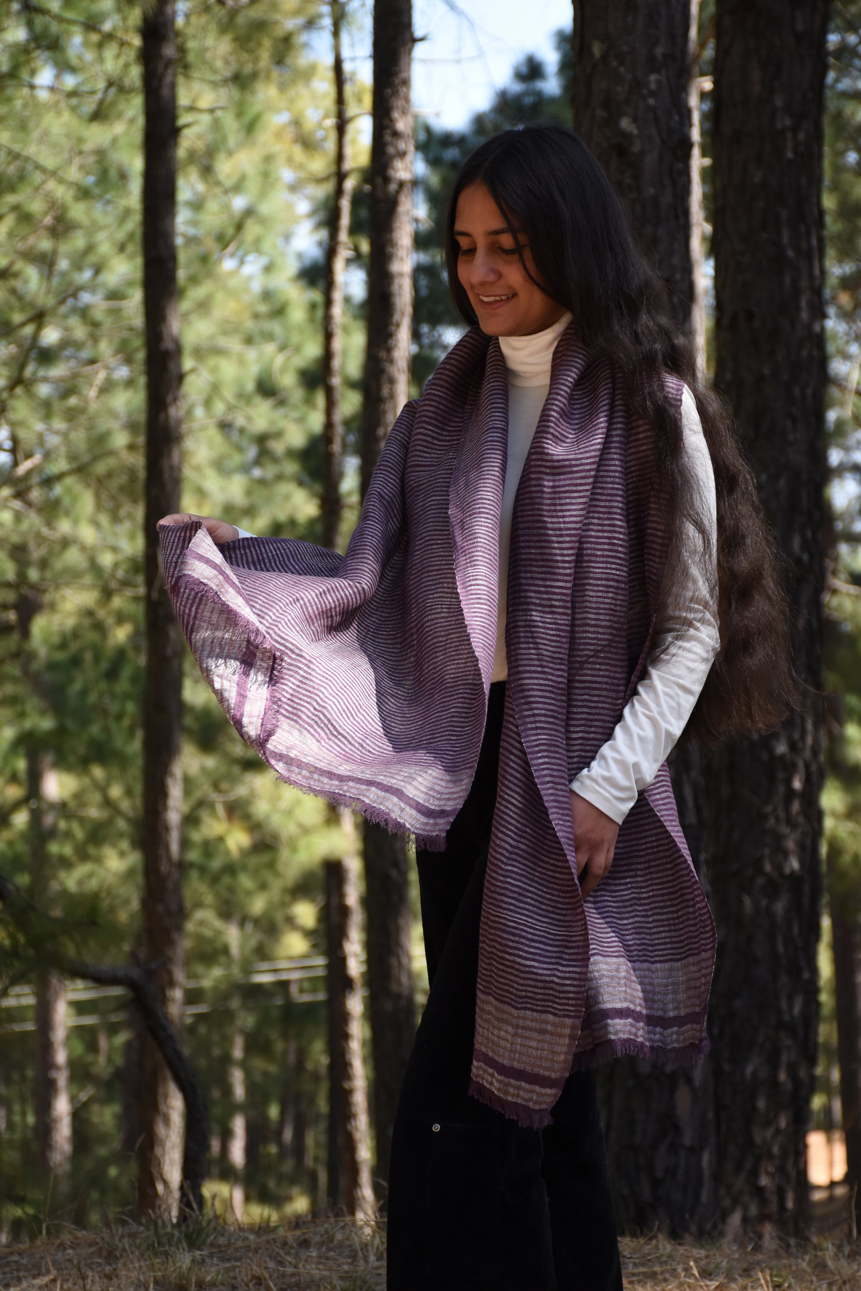 Straited purple drift Linen & Eri Silk Stole | Purple & Silver