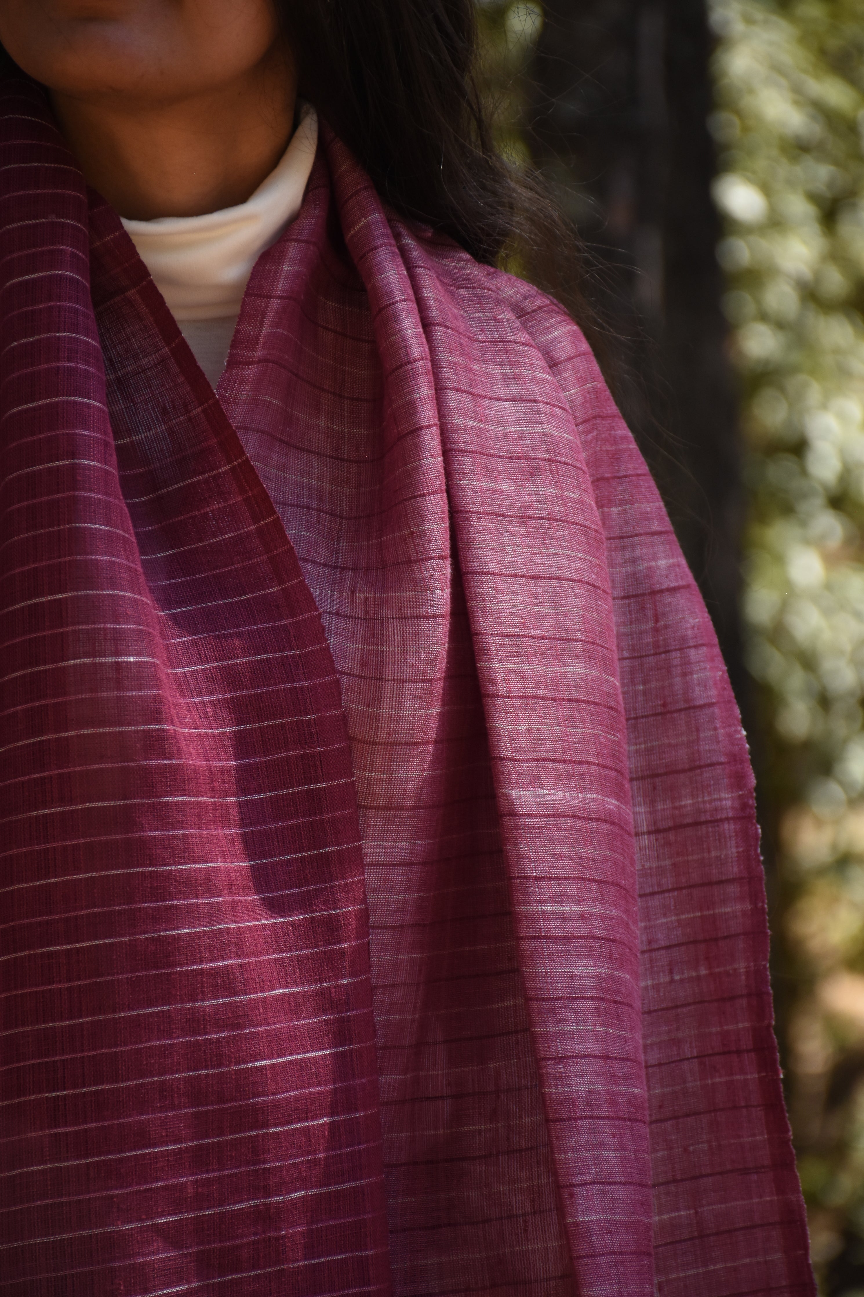Royal Stripes Linen & Eri Silk Stole | cherry pink & white stripes