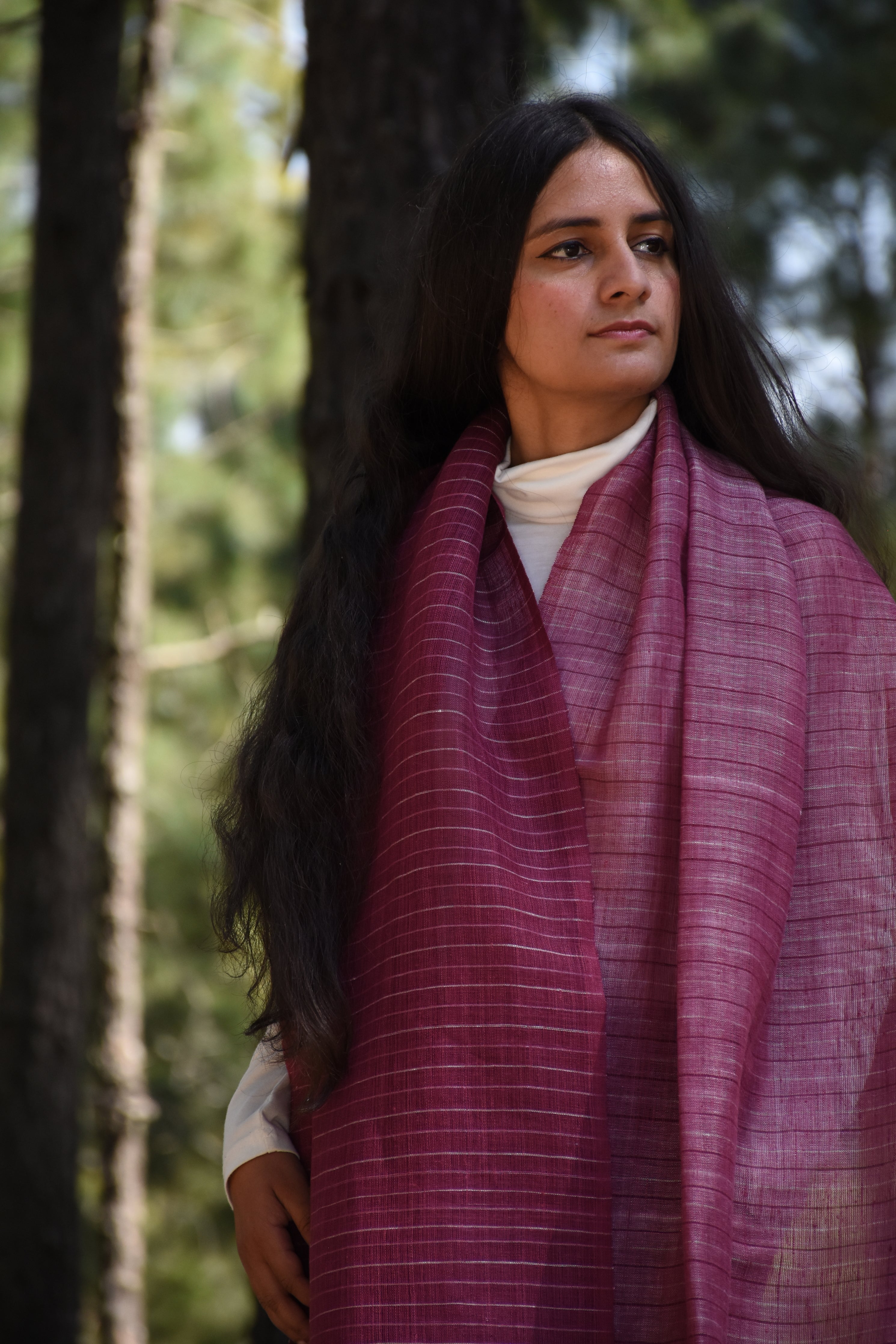 Royal Stripes Linen & Eri Silk Stole | cherry pink & white stripes