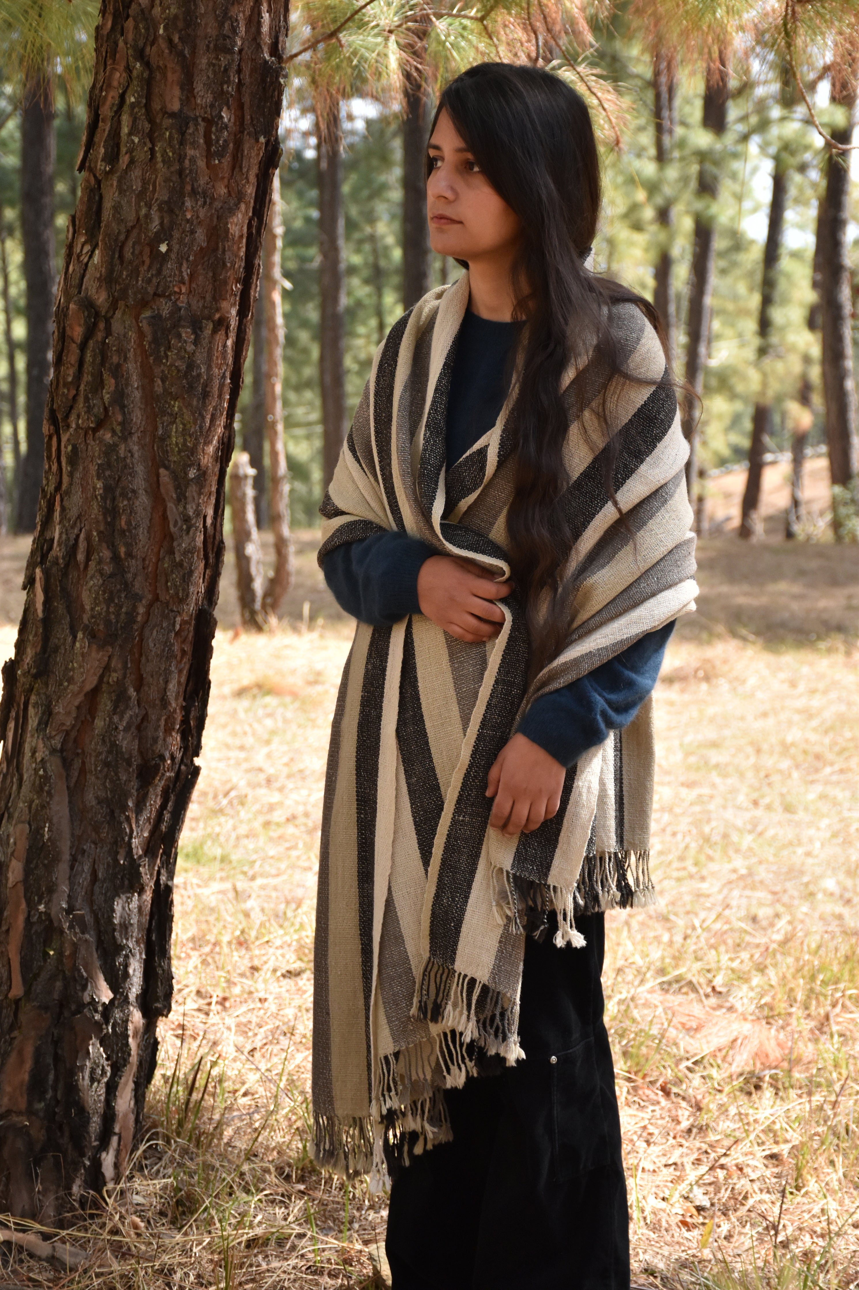 Pure Woolen Shawl | White, Grey & Black Striped