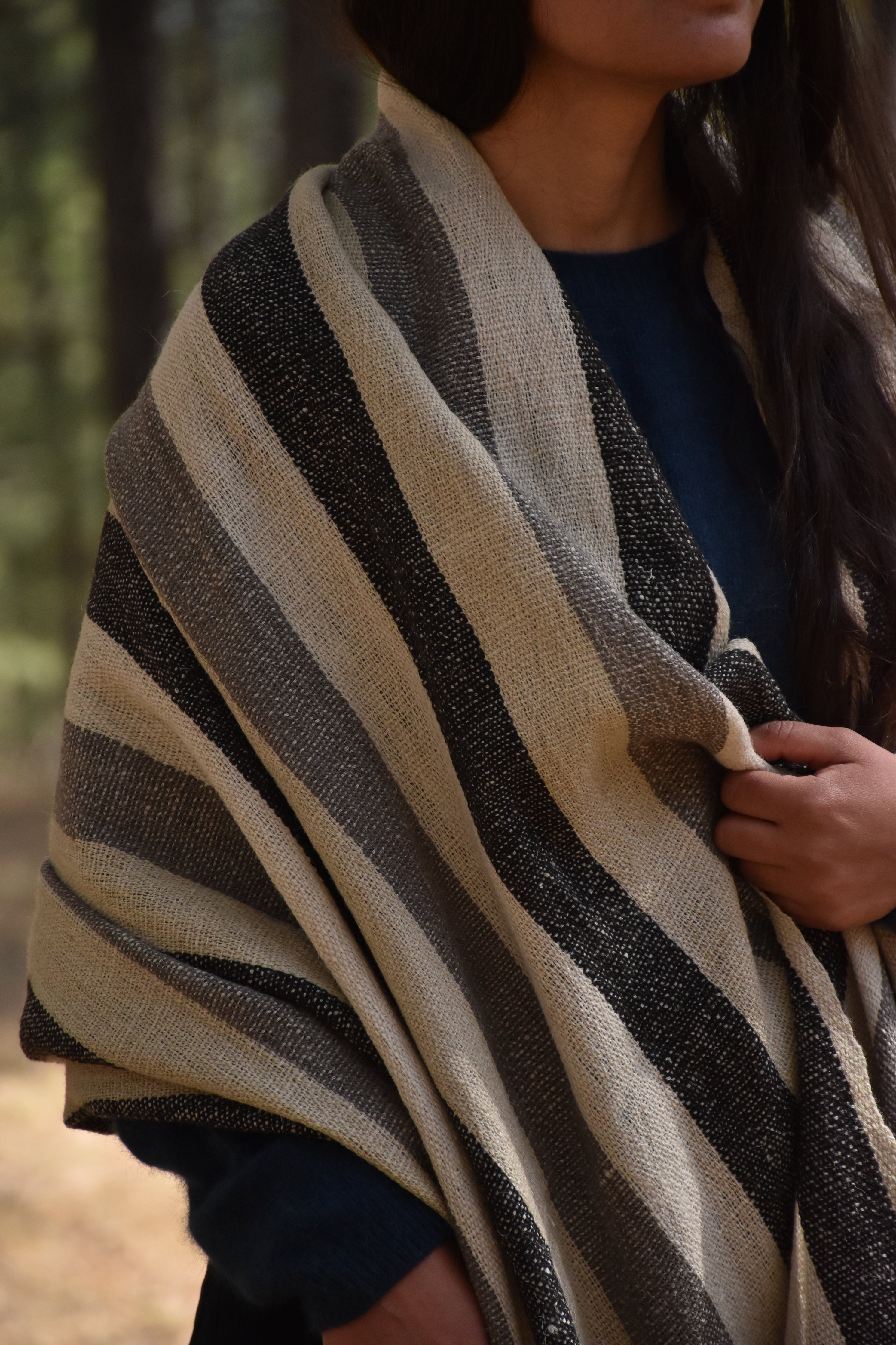 Pure Woolen Shawl | White, Grey & Black Striped