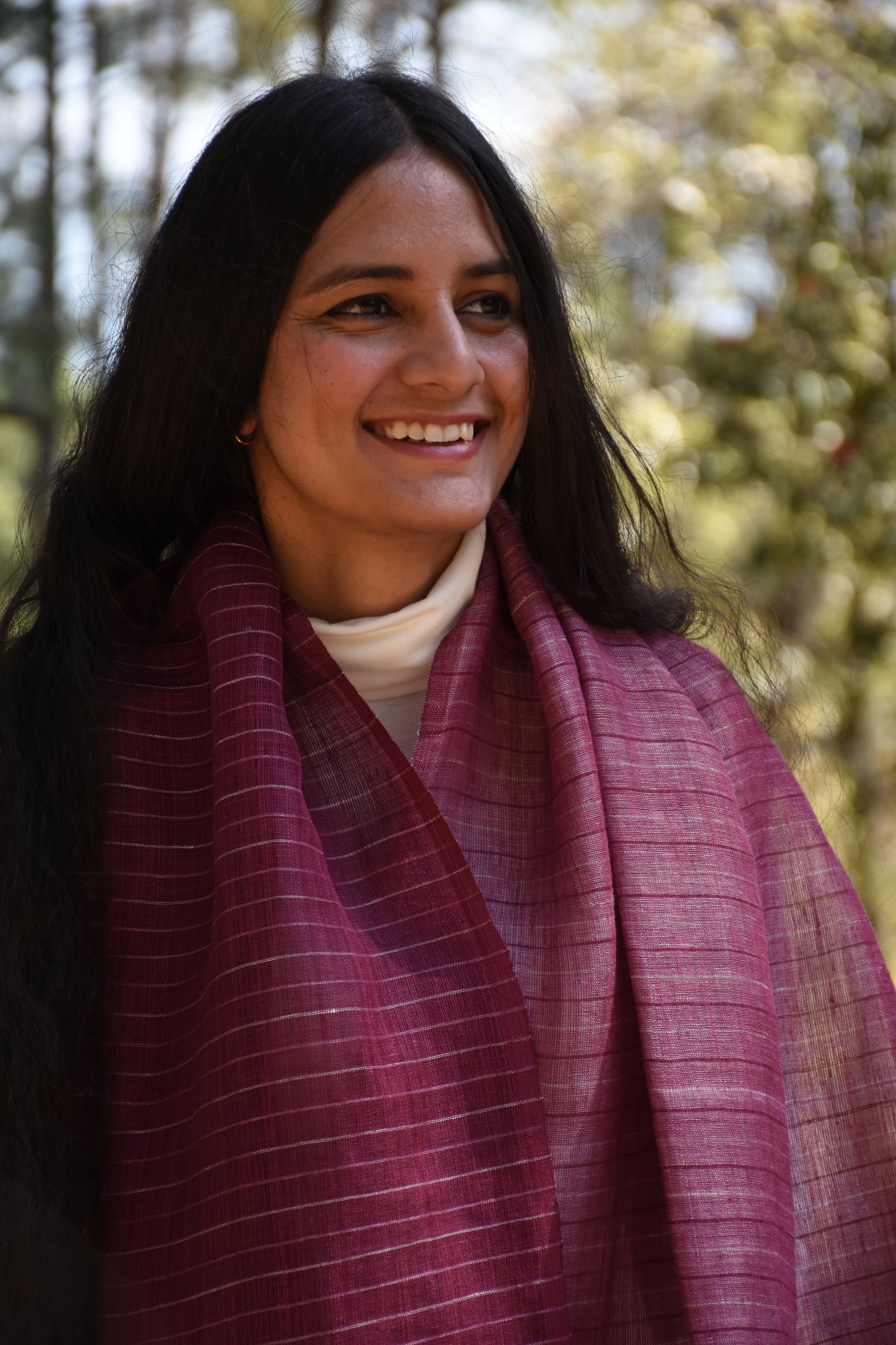 Royal Stripes Linen & Eri Silk Stole | cherry pink & white stripes