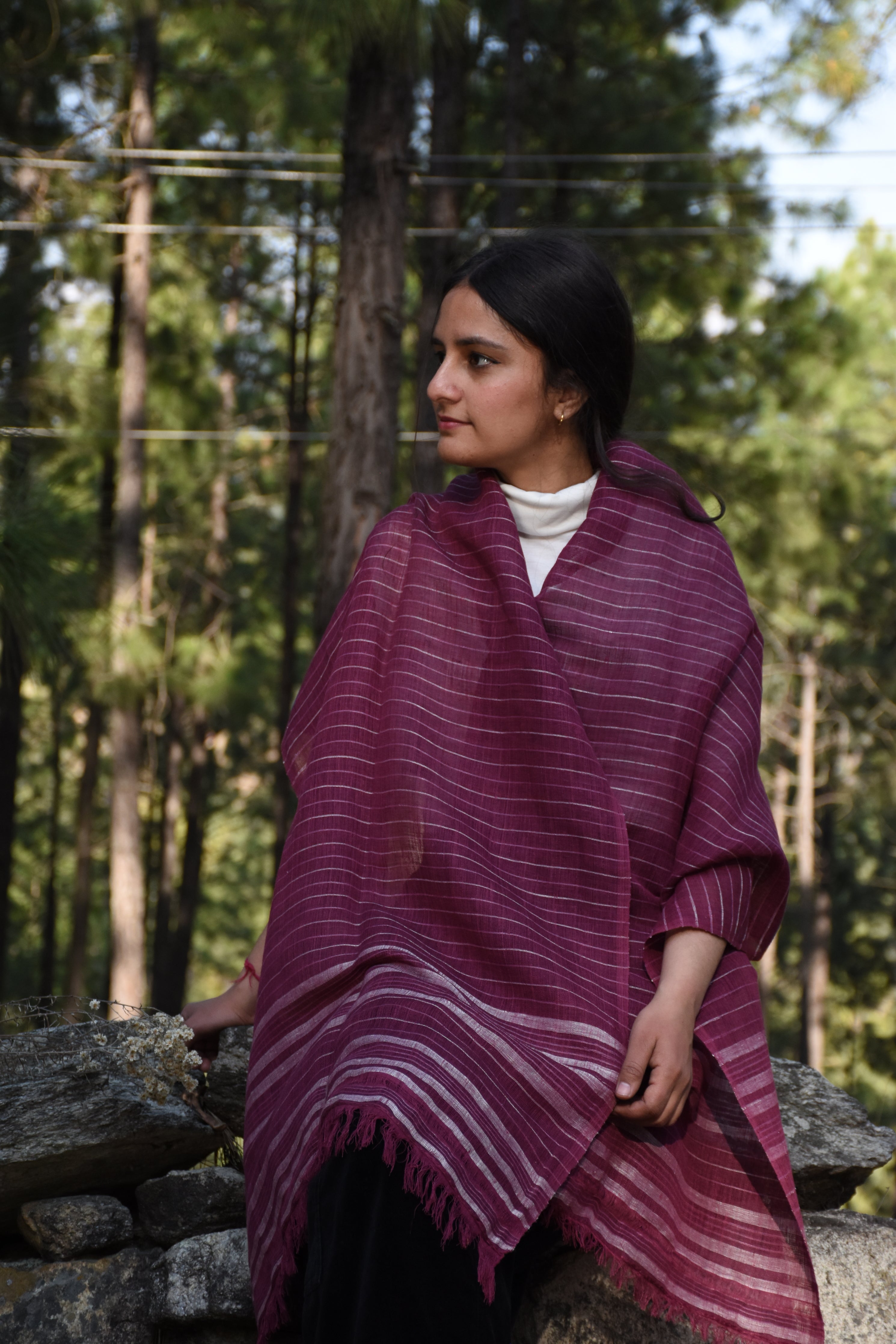 Magenta Gleam Linen & Eri Silk Stole | Magenta & White stripes