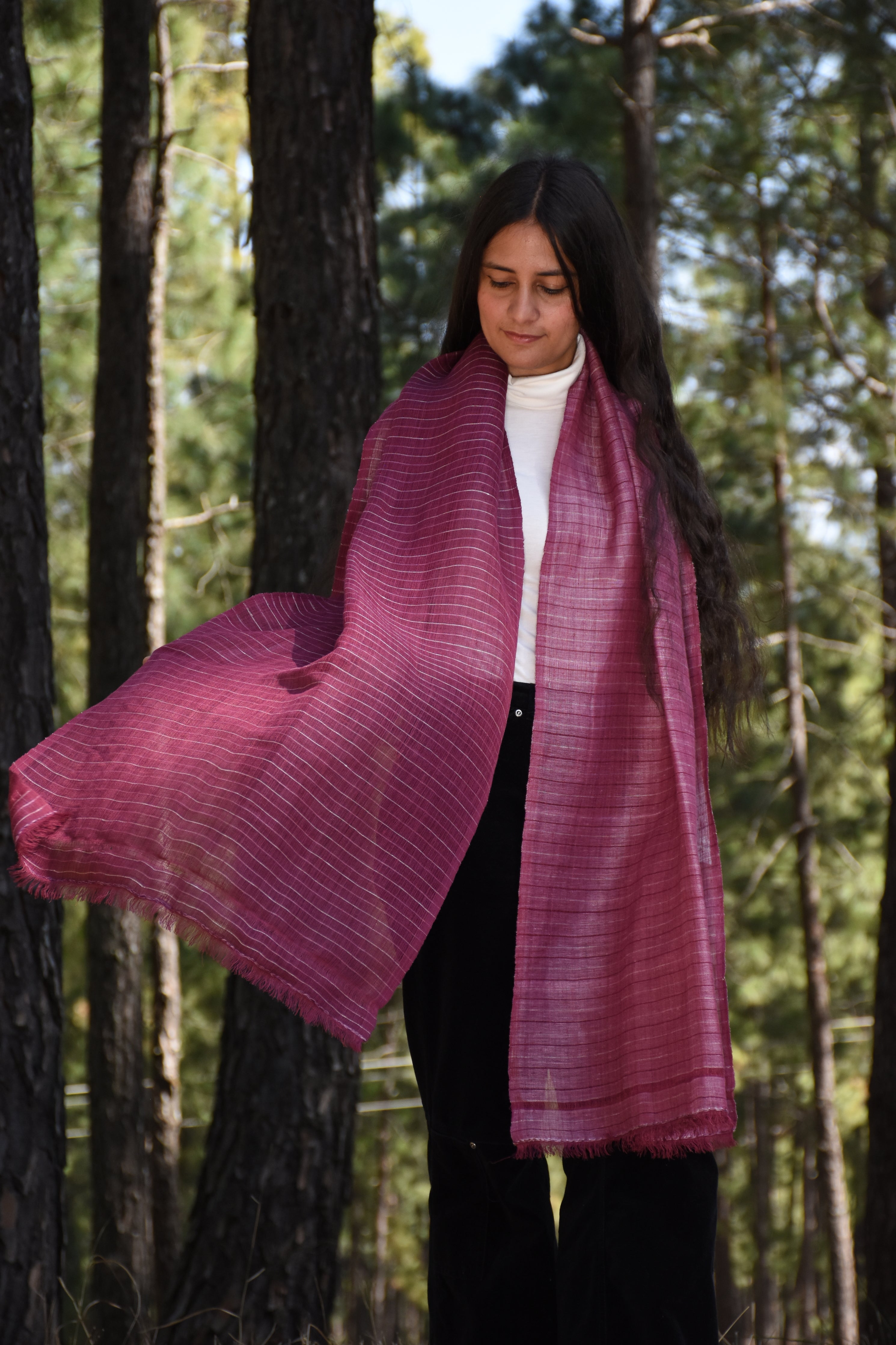 Royal Stripes Linen & Eri Silk Stole | cherry pink & white stripes