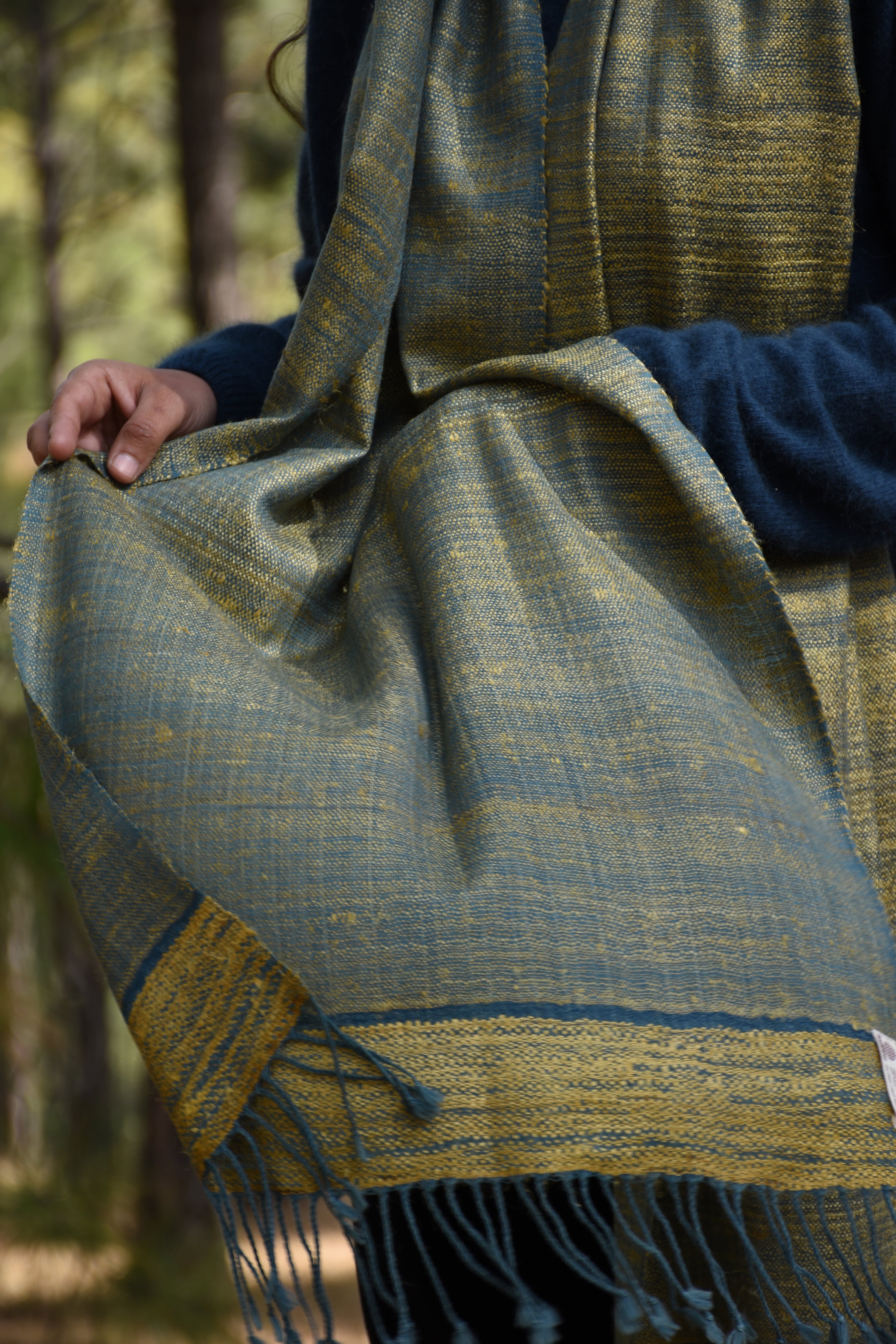Twilight grove Silk & Wool Stole | Indigo Blue with Lime Yellow