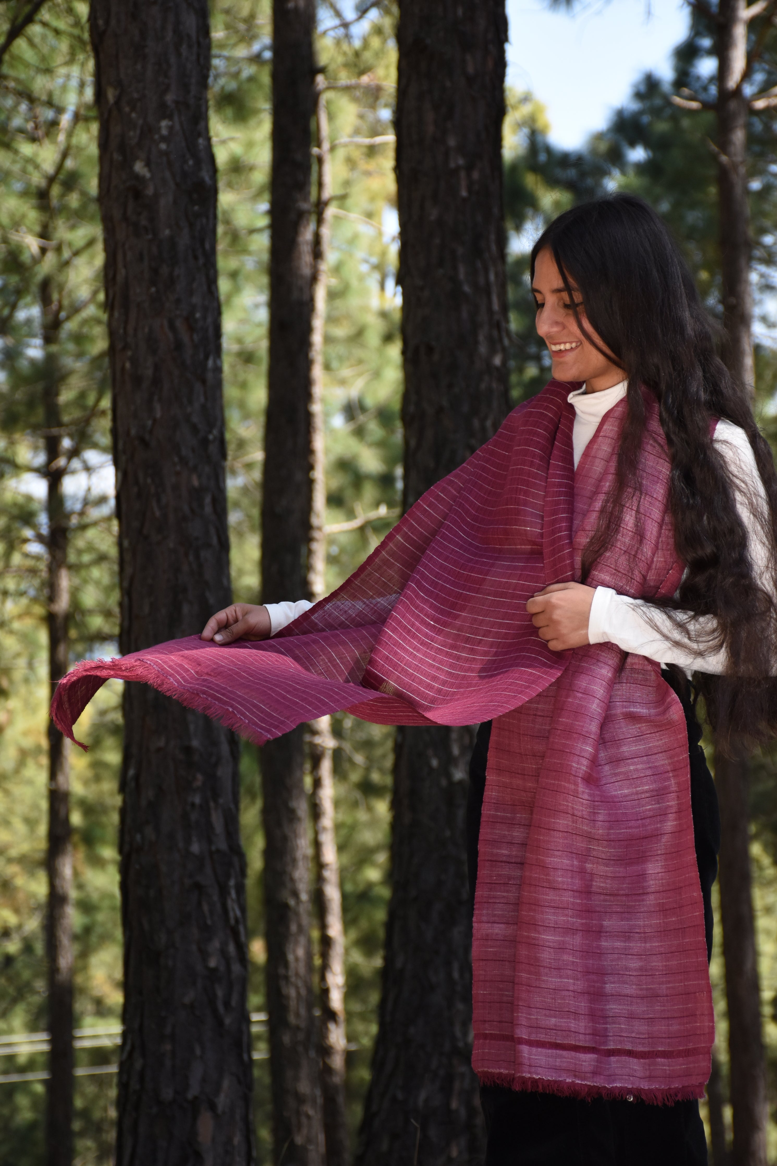 Royal Stripes Linen & Eri Silk Stole | cherry pink & white stripes
