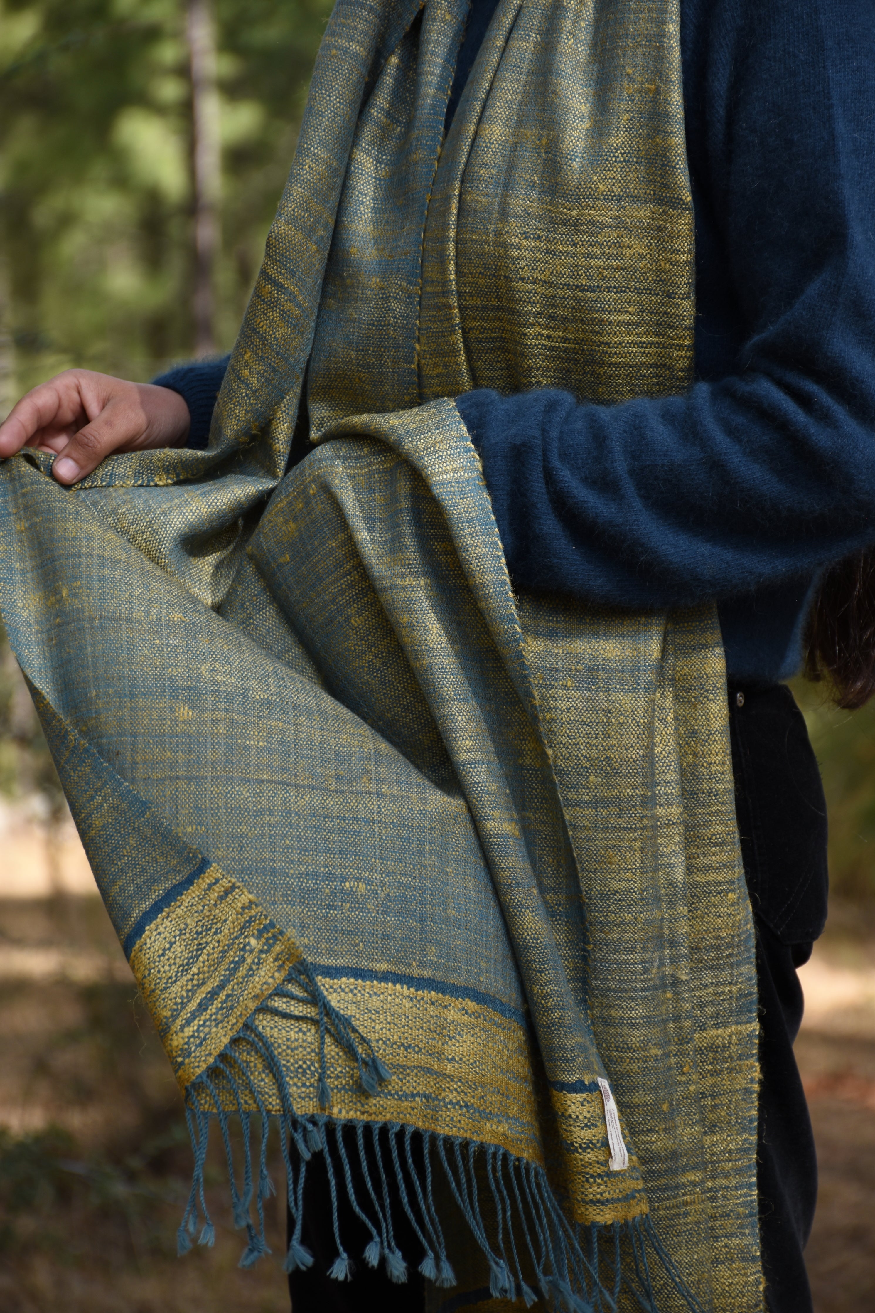 Twilight grove Silk & Wool Stole | Indigo Blue with Lime Yellow