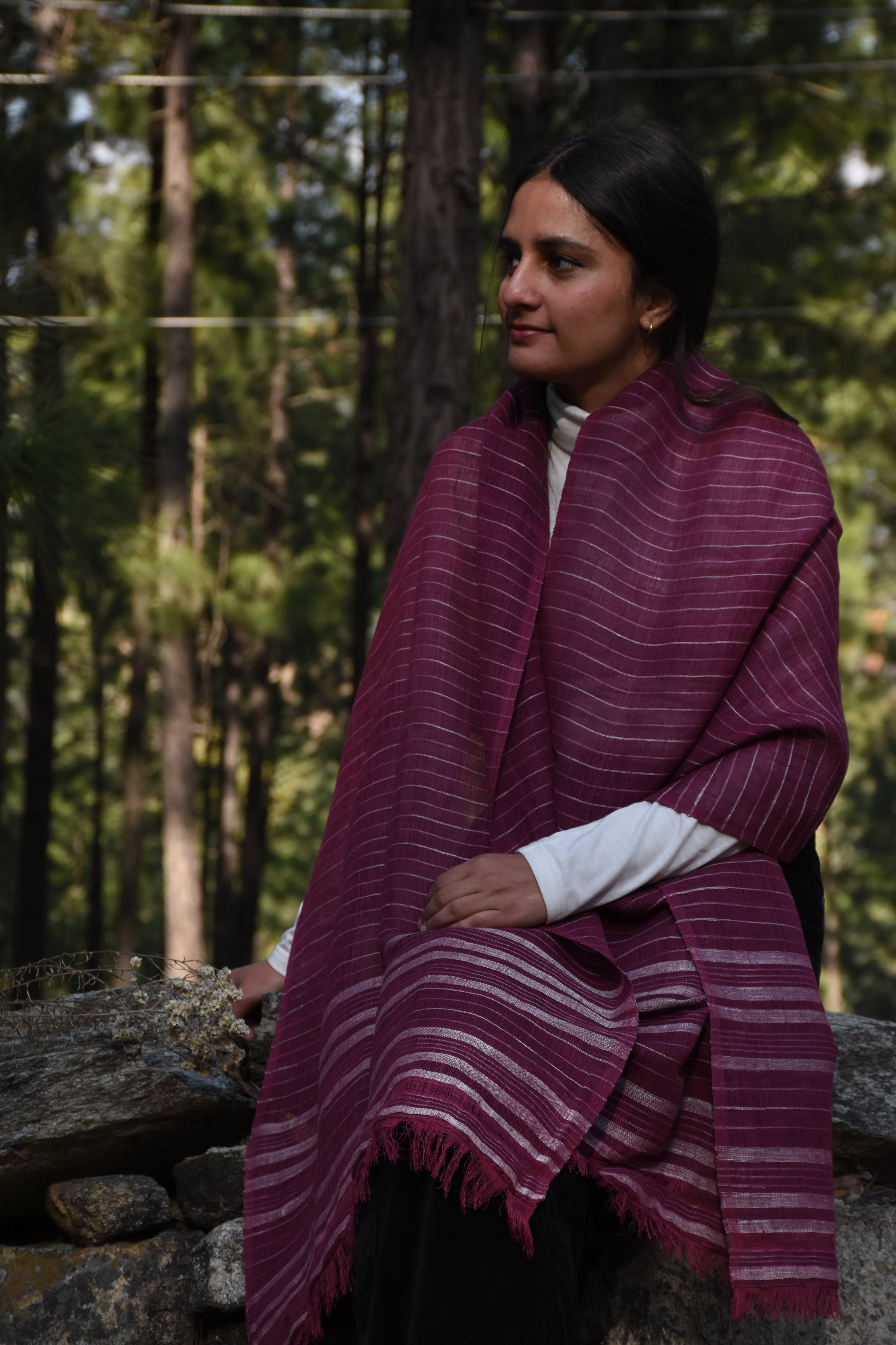 Magenta Gleam Linen & Eri Silk Stole | Magenta & White stripes
