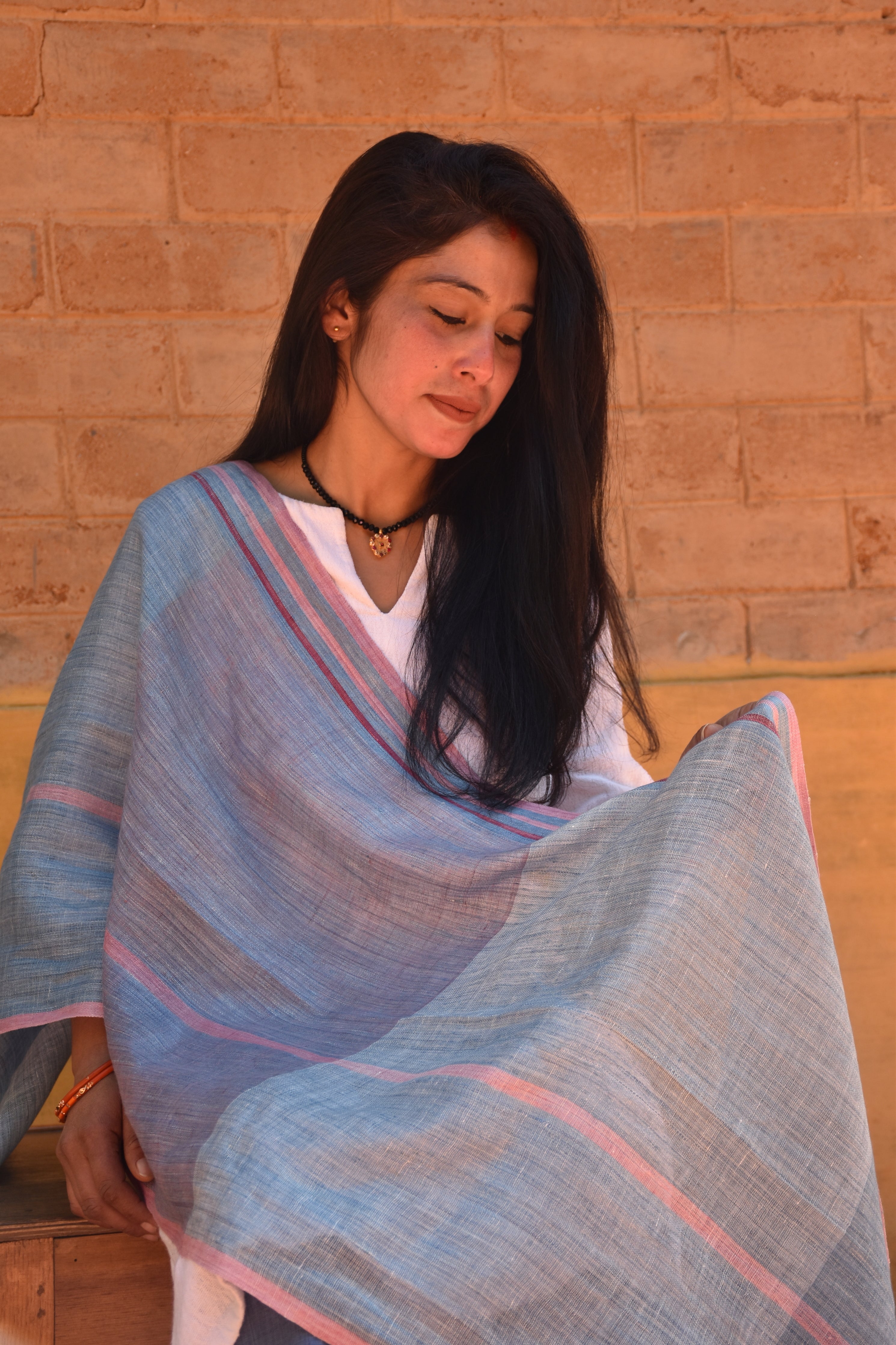 Vibrant Halo Linen Stole | Sky Blue with Pink Border